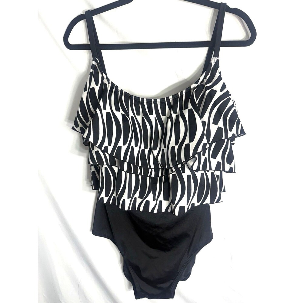 INCHES AWAY Tummy Trimmer 1 Pc Swimsuit  Black/White Zebra Print Ruffle Sz 20